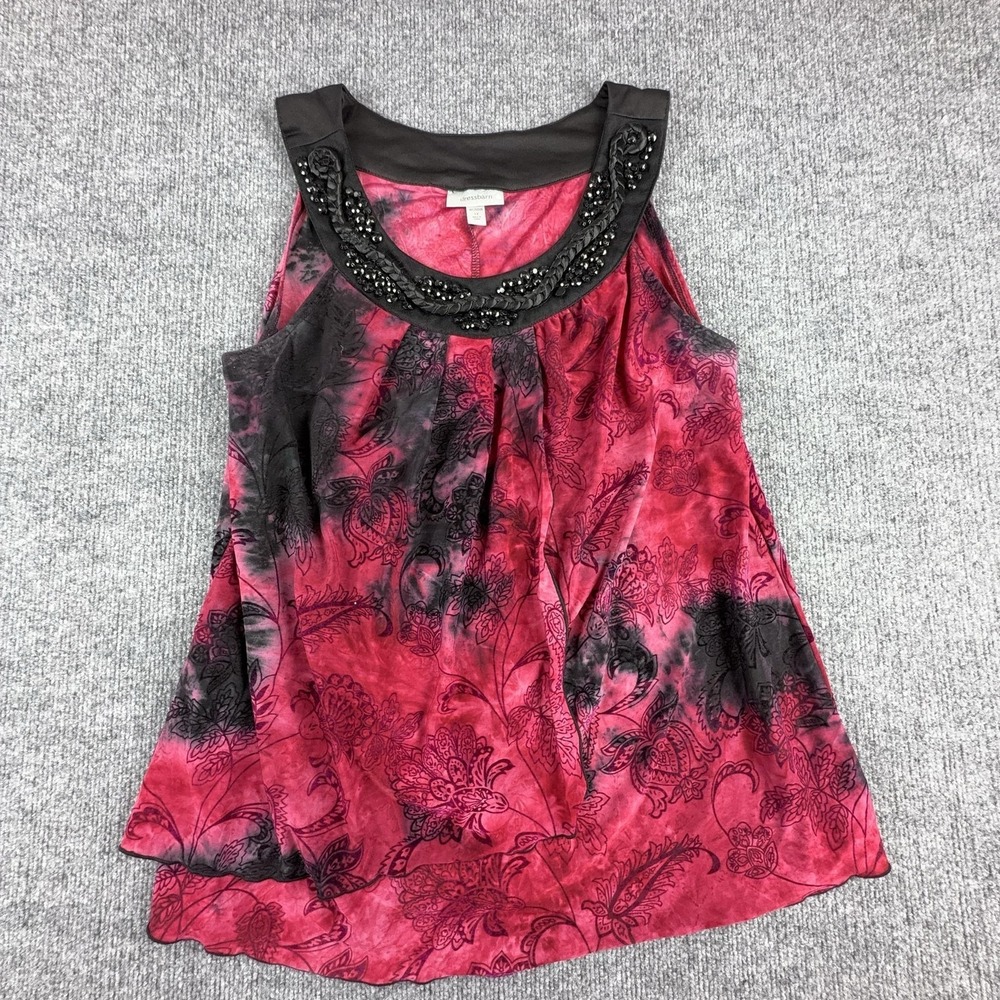 Dressbarn Tank Top Womens 1X Pink Beaded Paisley Chiffon‎ Sleeveless Plus